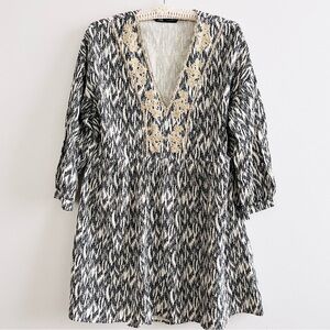 [ZARA] Cotton Linen Ikat Pattern Embroidered + Beaded Floral V Neck Dress
